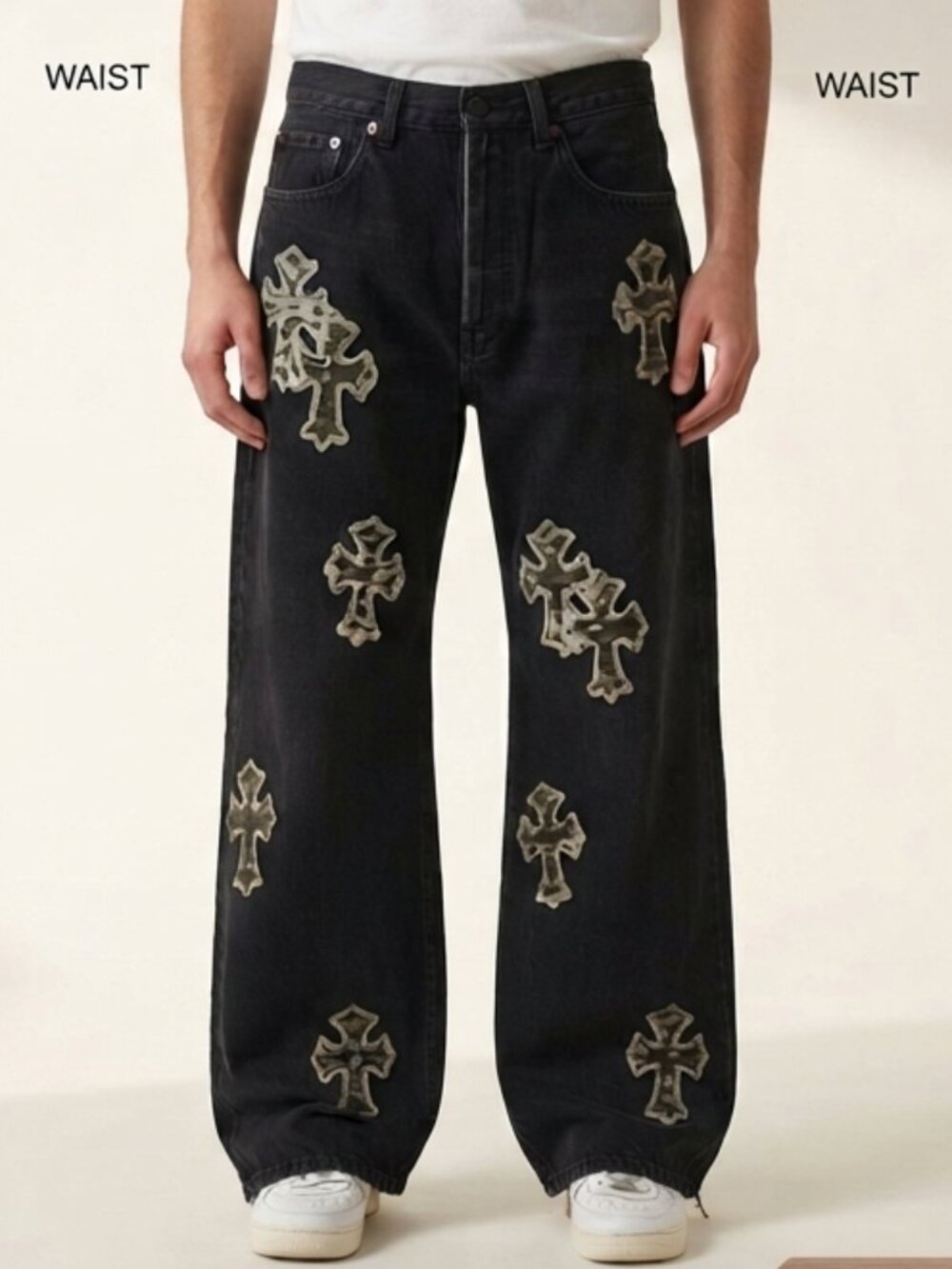 boohooMAN Black Wide Leg Jeans with Cross Applique Graphic Streetwear Size 28
